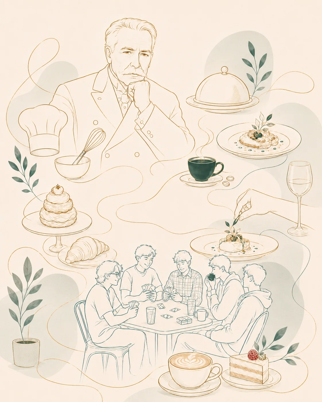 Escoffi illustration of a chef, coffee and people sharing a meal